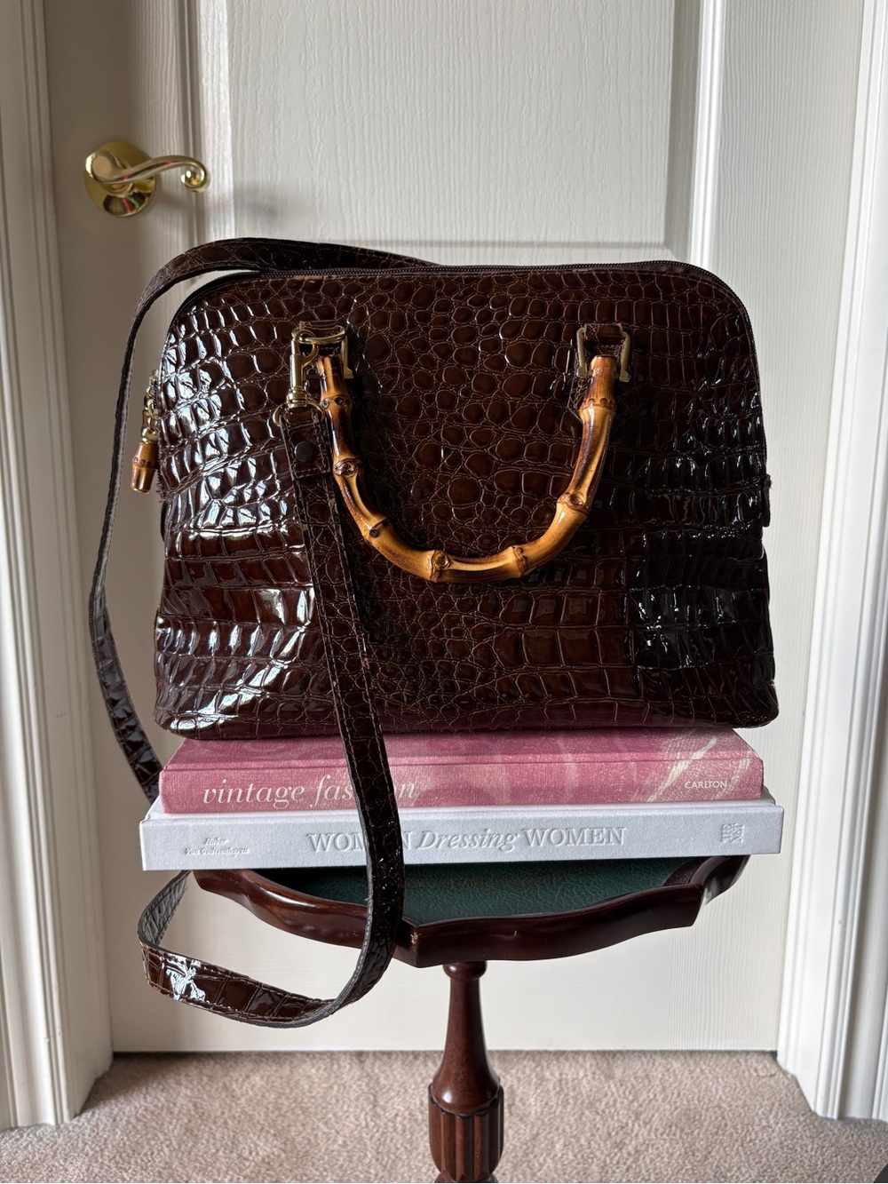 Vintage Dark Brown Croc-Embossed Pleather Satchel with Bamboo Handles